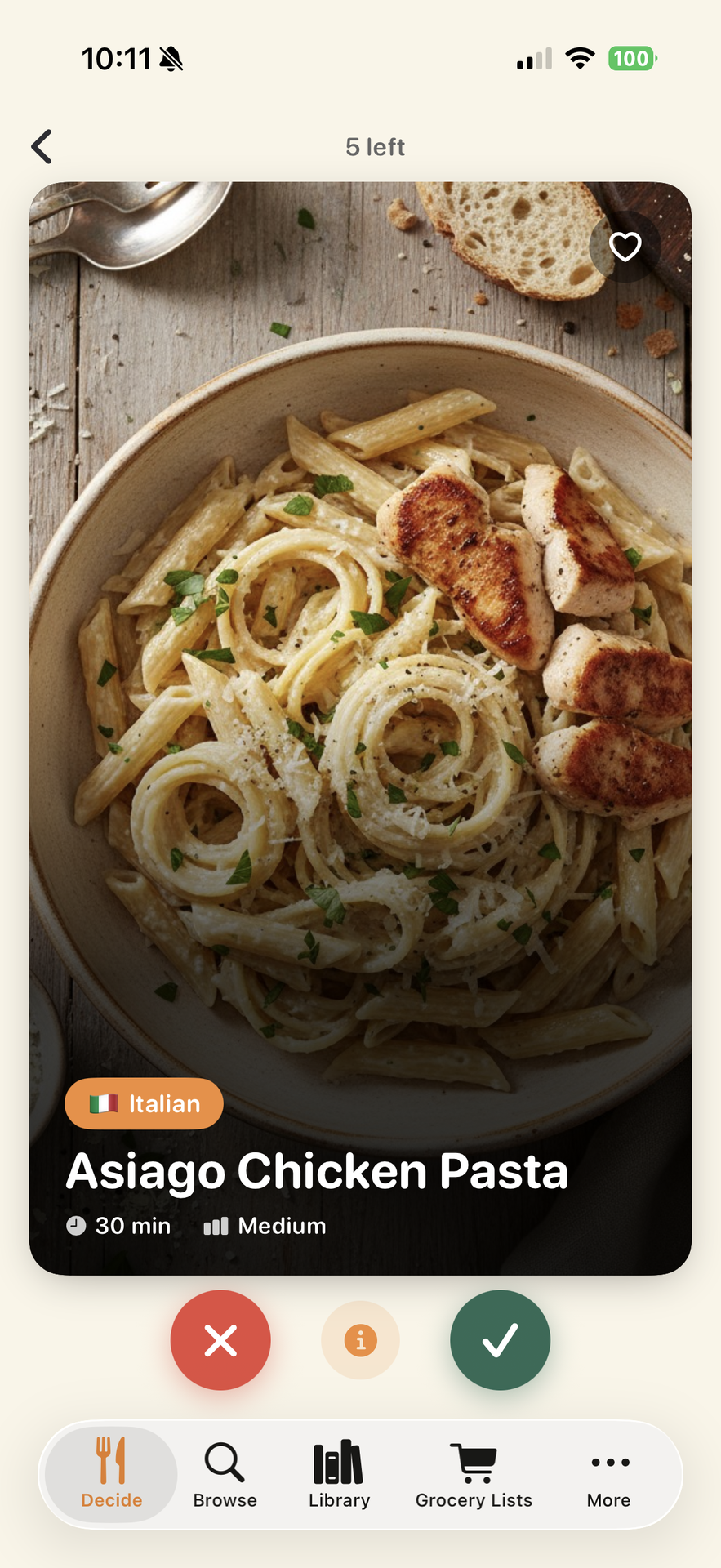 Nomfly app showing a swipeable meal decision card