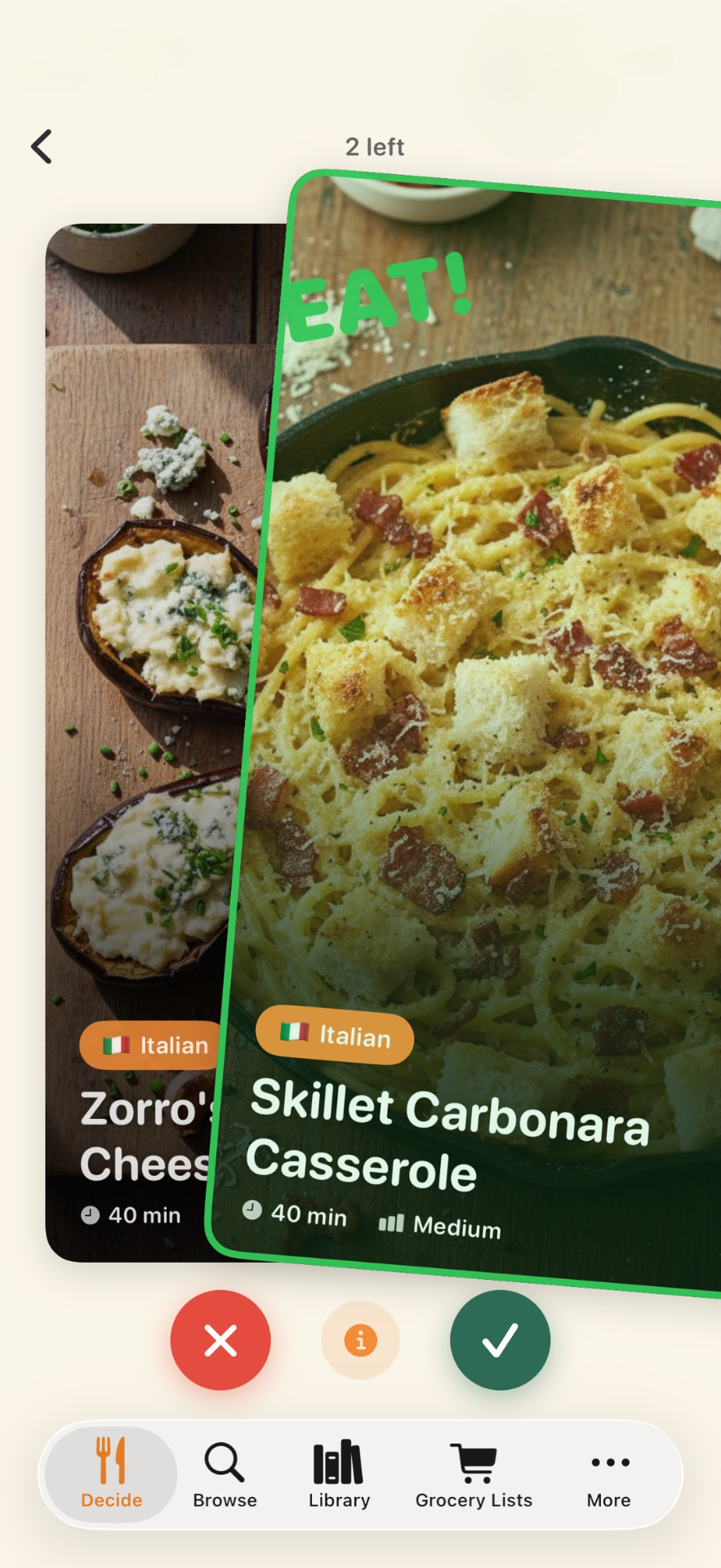 Nomfly app showing personalized meal preferences